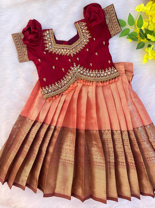 Orange Work: Premium Aari Work Pattu Lehenga
