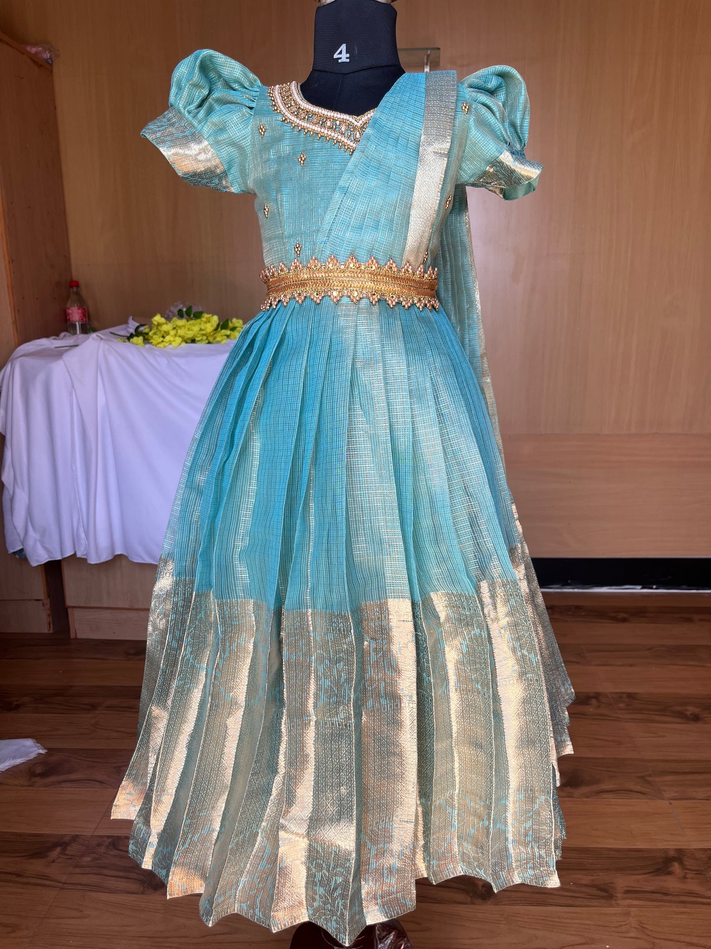 Ocean Blue Tissue Silk Lehenga with Puff Sleeves