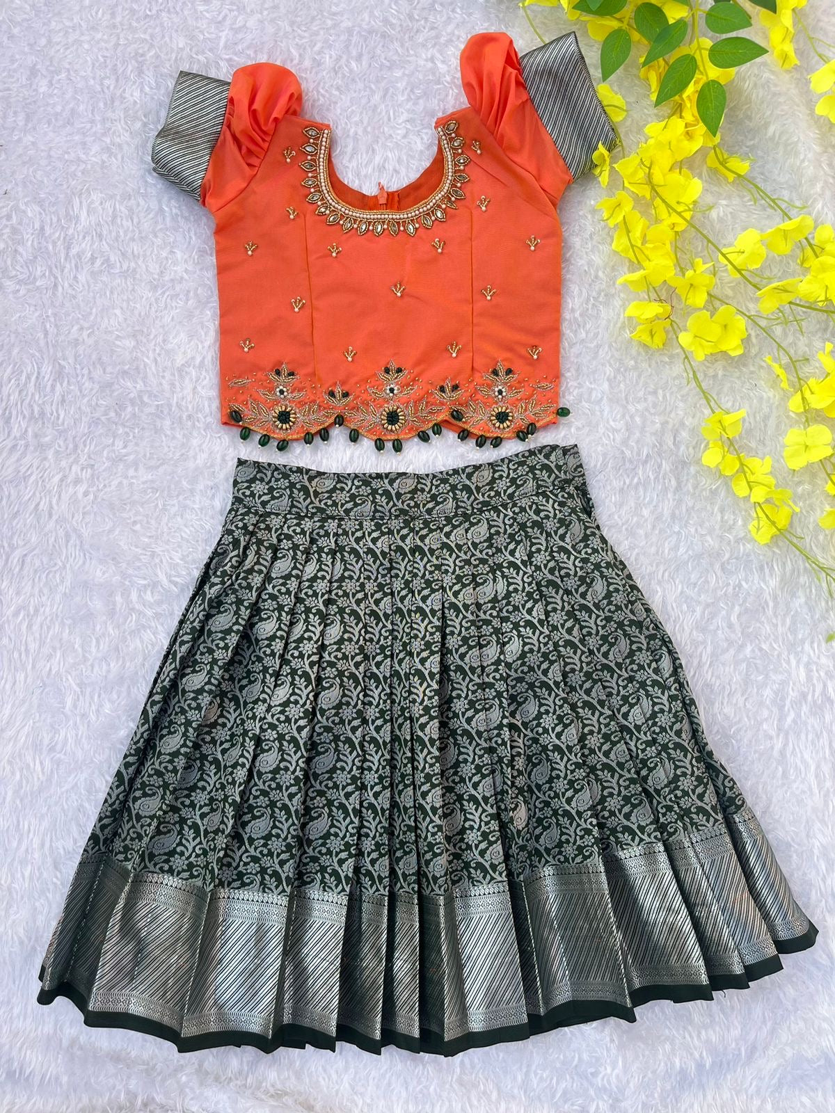Coral and Dark Grey Embellished Kids Lehenga Dress ๐ธ