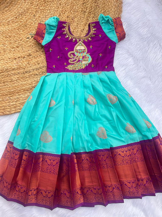 Traditional Peacock Motif Pattu Frock – Aqua Blue & Magenta
