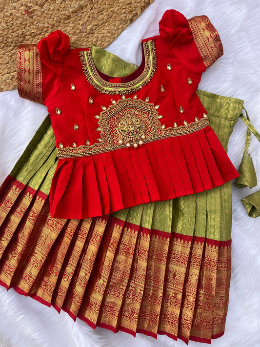 Classic Green and pink Aari work Lehenga