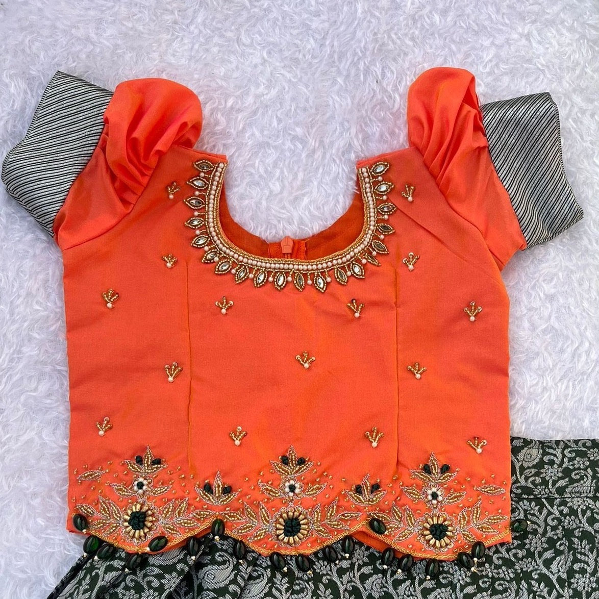 Coral and Dark Grey Embellished Kids Lehenga Dress ๐ธ