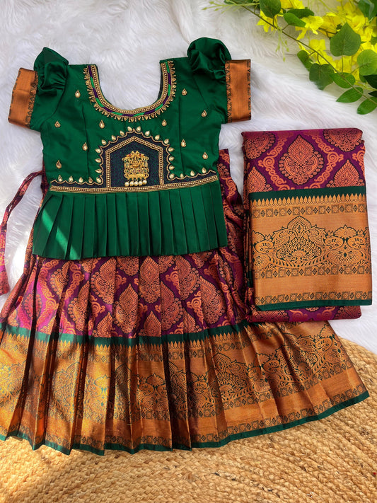 Green Aari Work Top and purple Skirt: A Stylish Fusion