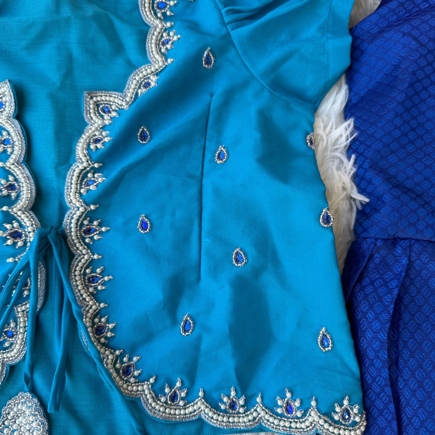 Chic Charm: Dark Blue Semi Silk Frock with Teal Blue Aari Work