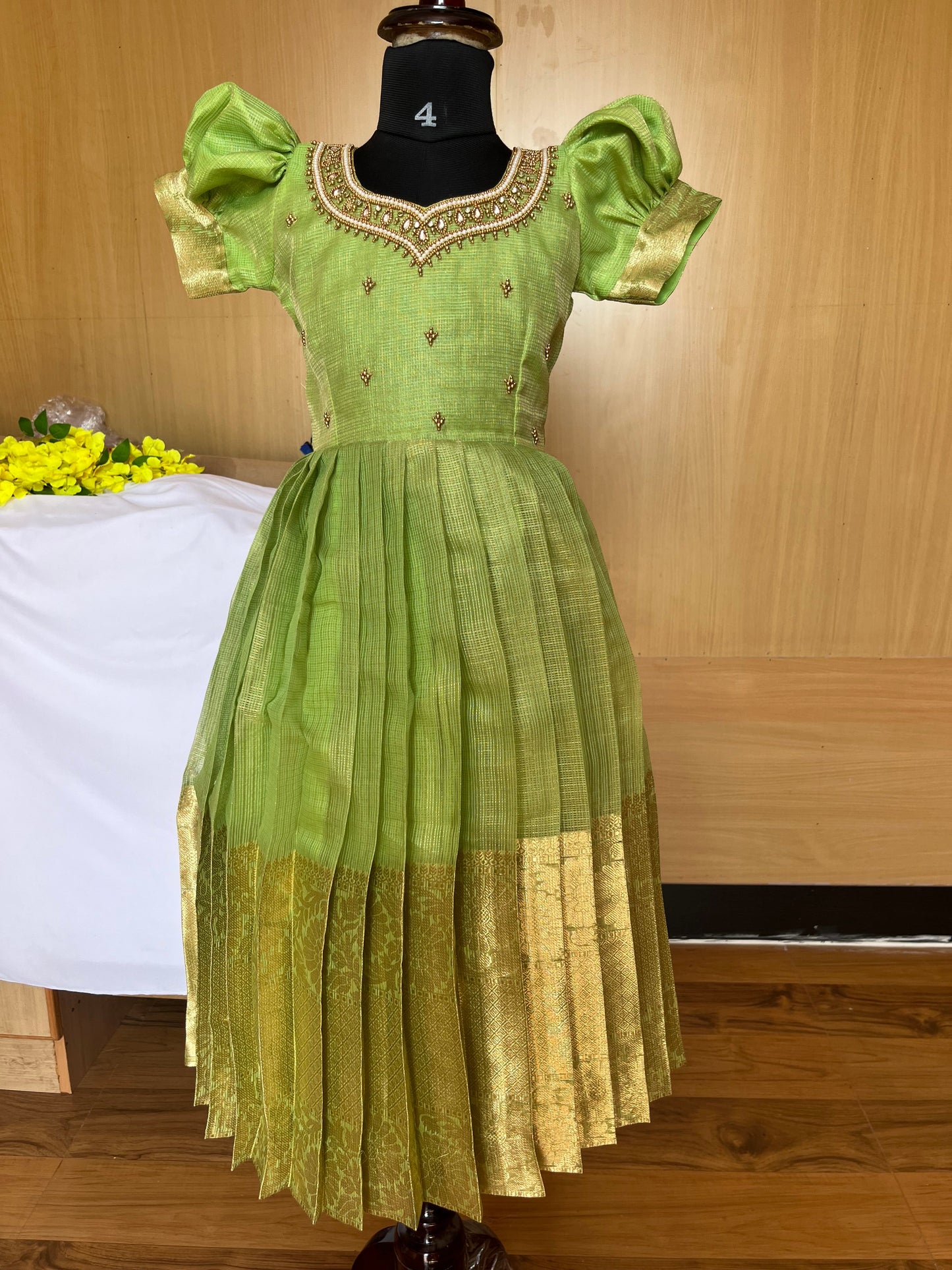Elegant Green Tissue Silk Lehenga with Puff Sleeves