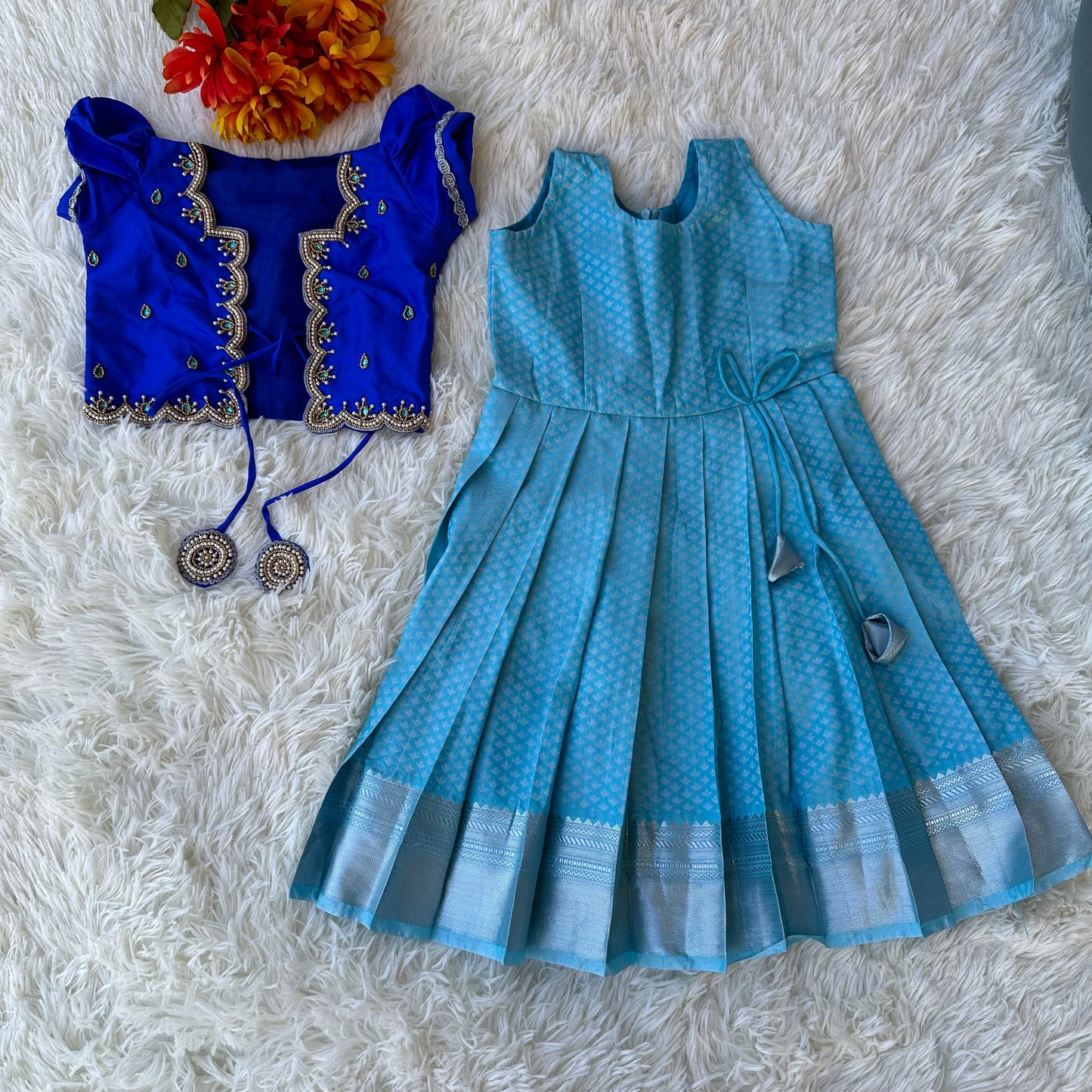 Teal Elegance: Semi Silk Frock with Dark Blue Aari Overcoat