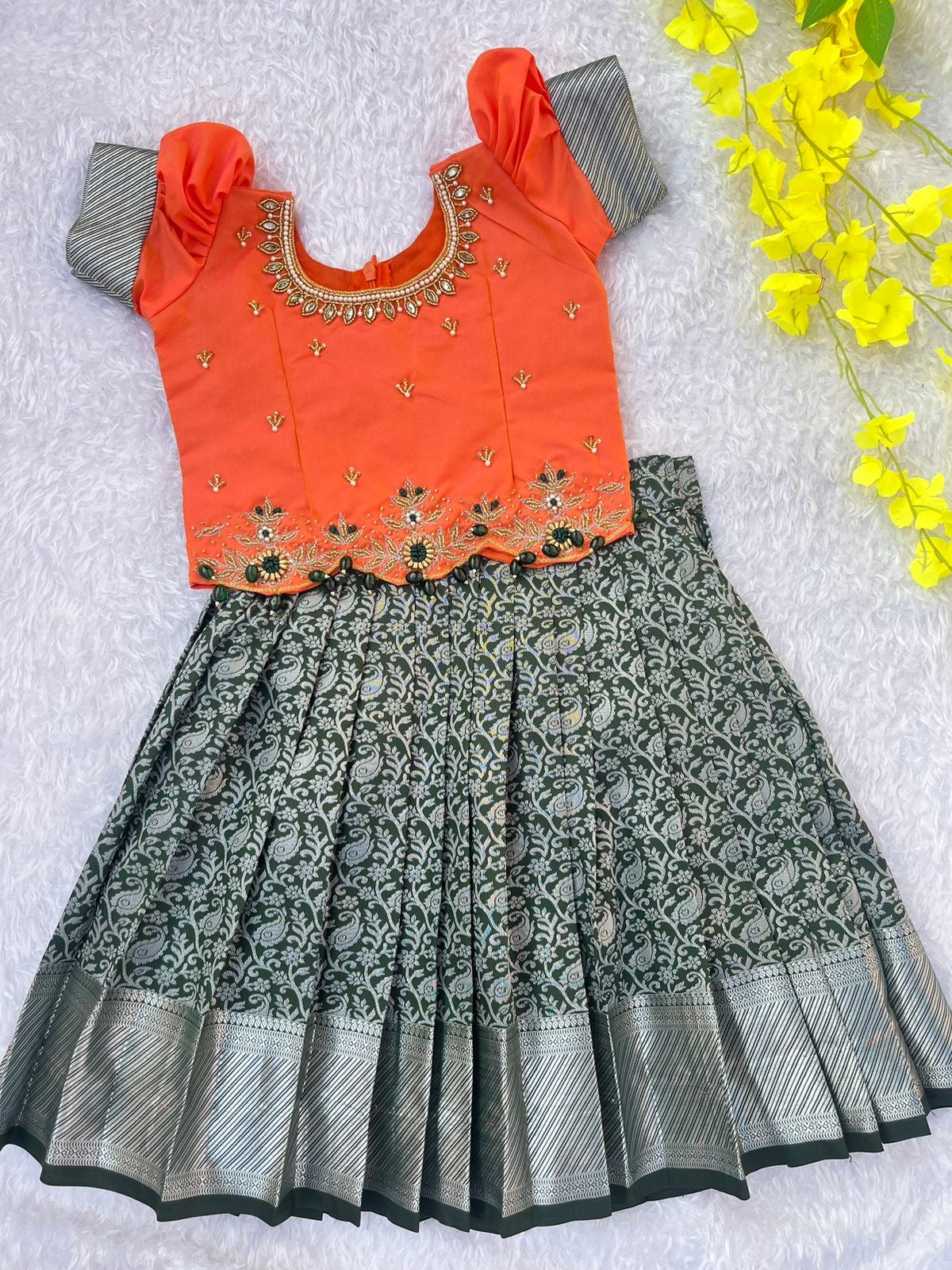 Coral and Dark Grey Embellished Kids Lehenga Dress ๐ธ
