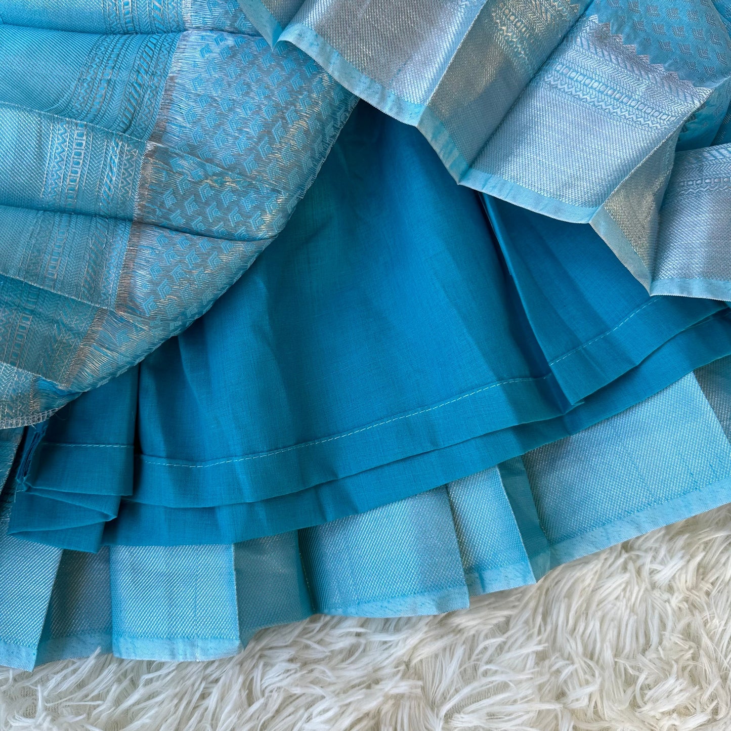 Teal Elegance: Semi Silk Frock with Dark Blue Aari Overcoat