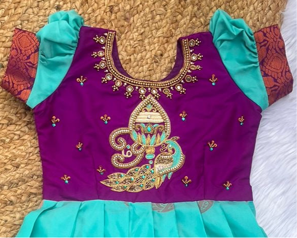 Traditional Peacock Motif Pattu Frock – Aqua Blue & Magenta
