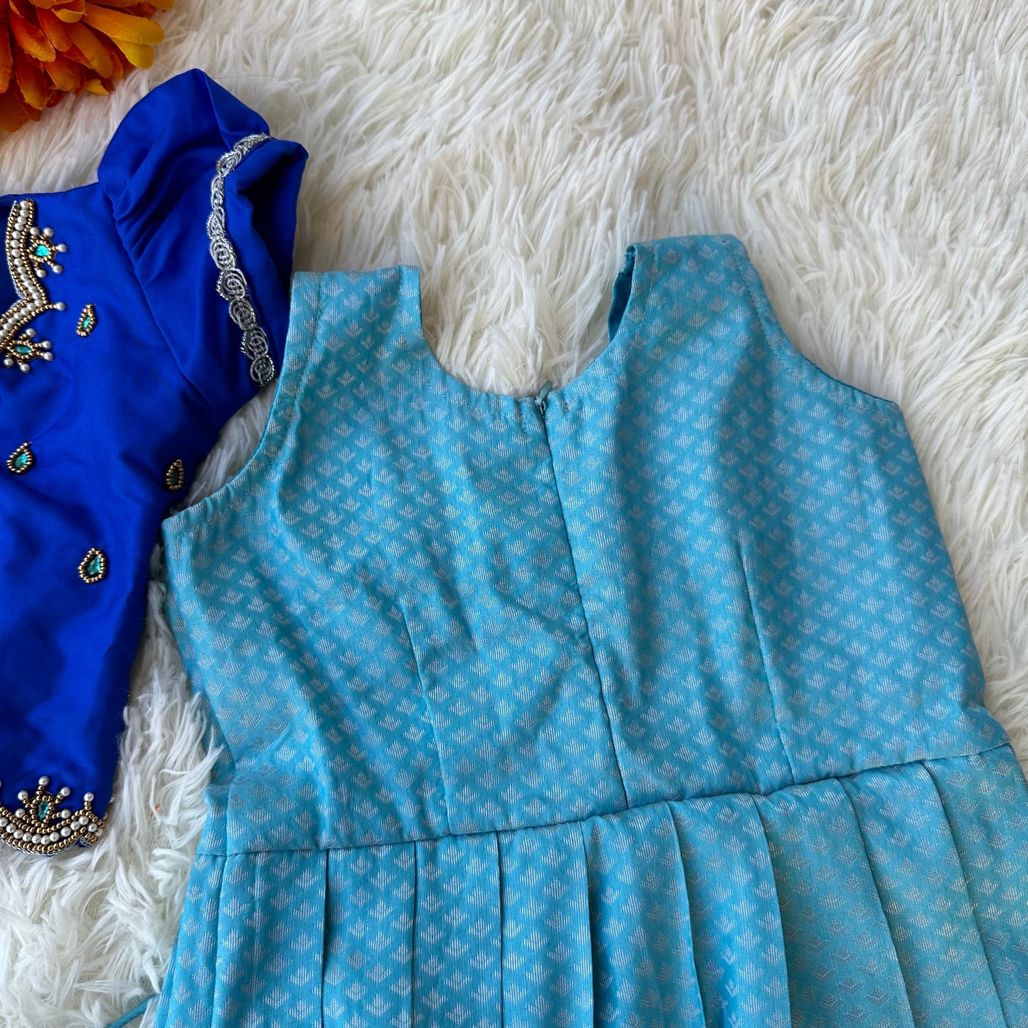 Teal Elegance: Semi Silk Frock with Dark Blue Aari Overcoat