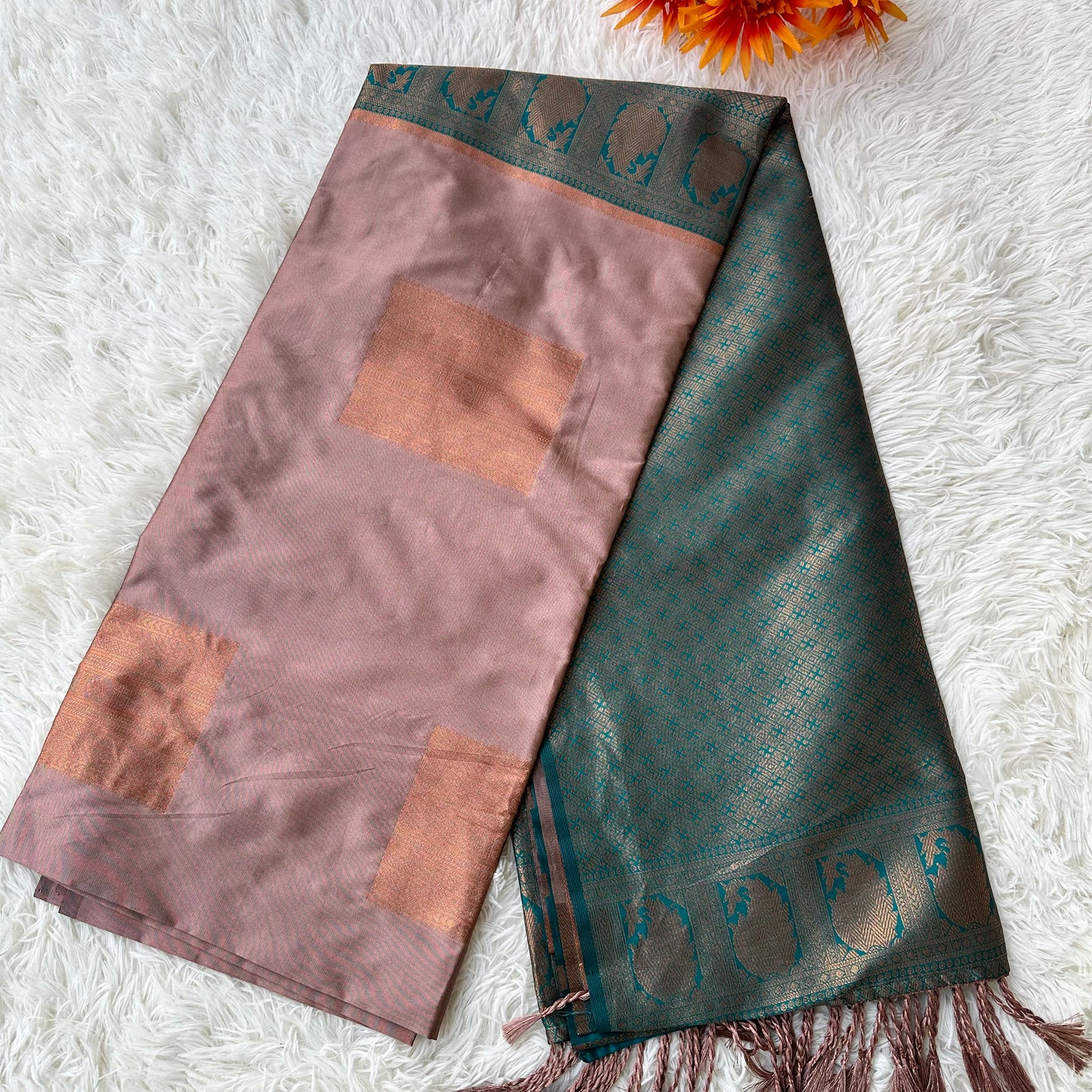 Serenity in Contrast: Plaster Brown Saree with Blue-Green Pallu