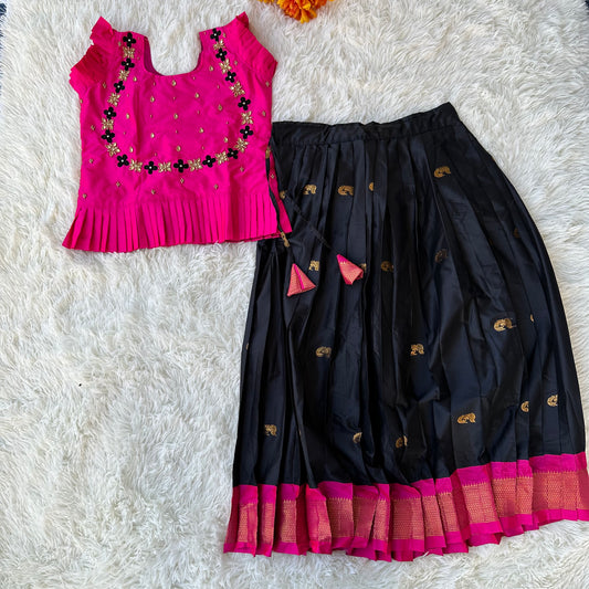 The Fusion : Pinkish Red Top With Aari Work & Sleek Black Skirt