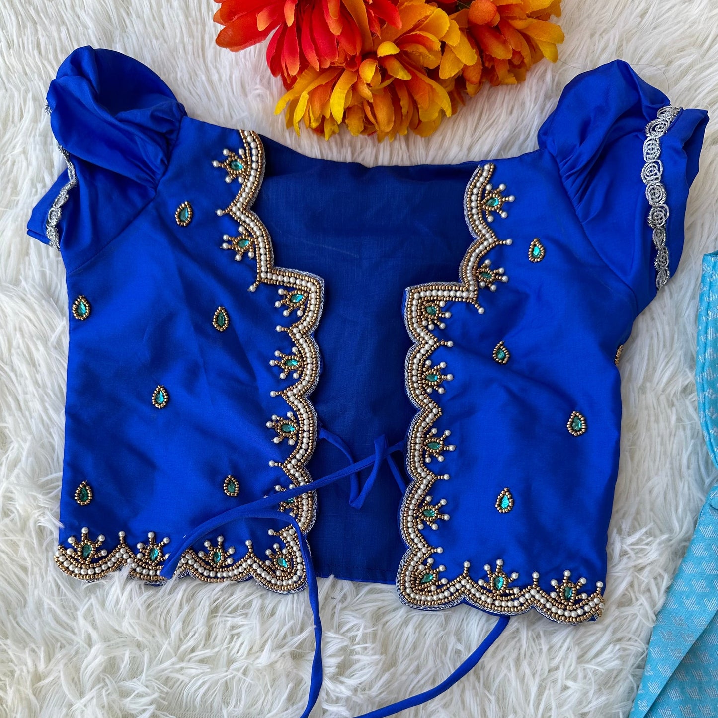 Teal Elegance: Semi Silk Frock with Dark Blue Aari Overcoat