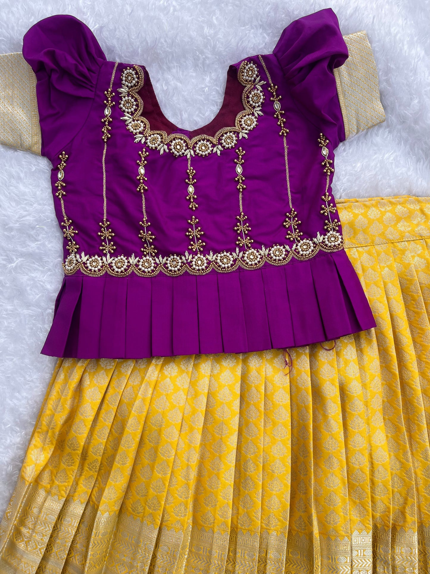 Grand Ensemble: Yellow Skirt, purple Top with Aari Work
