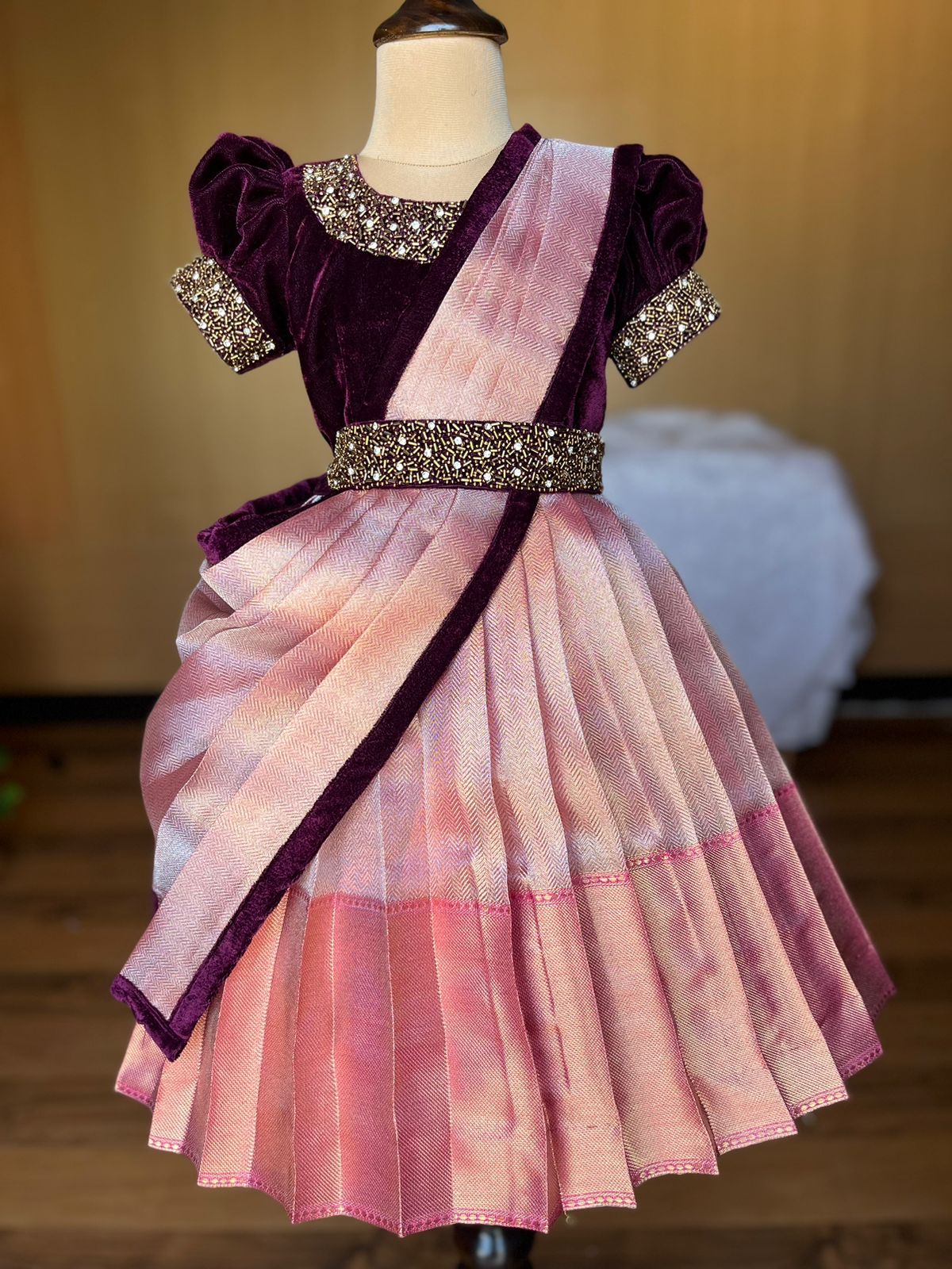 Velvet & Silk Baby Pattu Pavadai – Plum Purple & Blush Pink