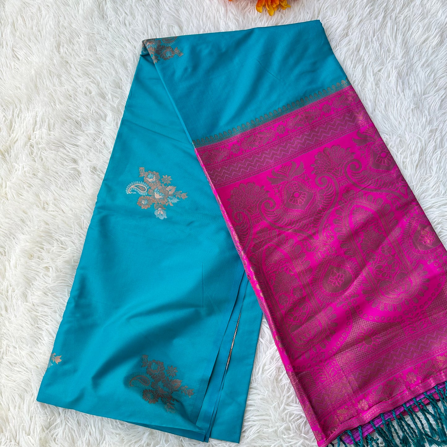“Tranquil Harmony: Blue Green and Pink semi silk saree