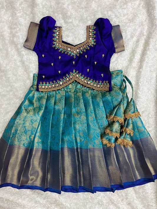 Blue Work: Premium Aari Work Pattu Lehenga