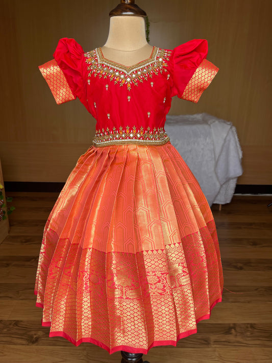 Orange and RedTraditional Lehenga with Aari Work