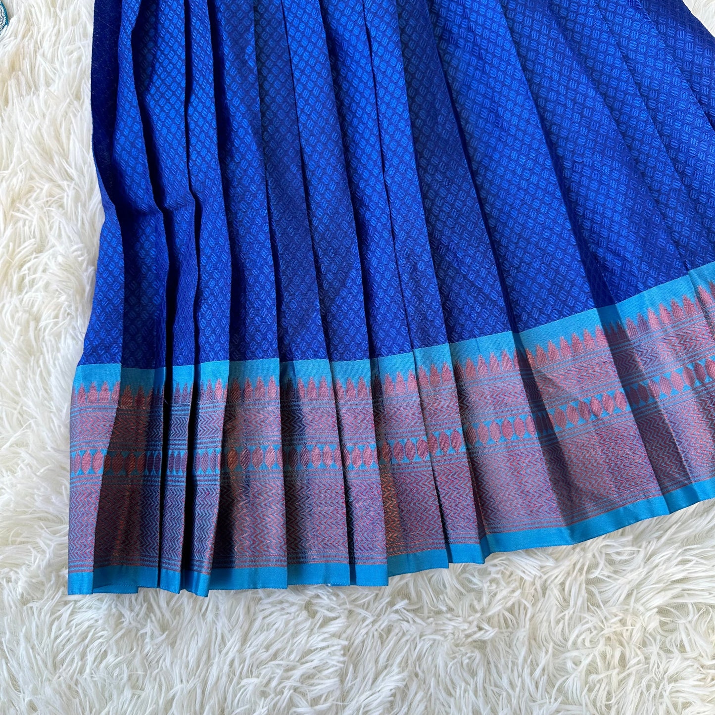 Chic Charm: Dark Blue Semi Silk Frock with Teal Blue Aari Work