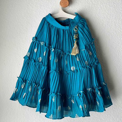 Radiant Rama Green: Mirror Work Spaghetti Crop Top & Foil Print Skirt Set - Kalas Couture
