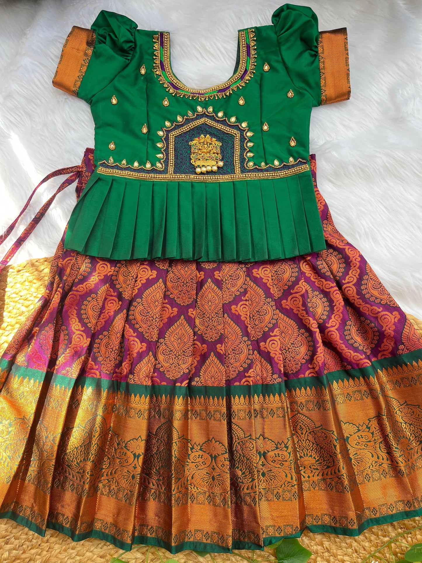 Green Aari Work Top and purple Skirt: A Stylish Fusion