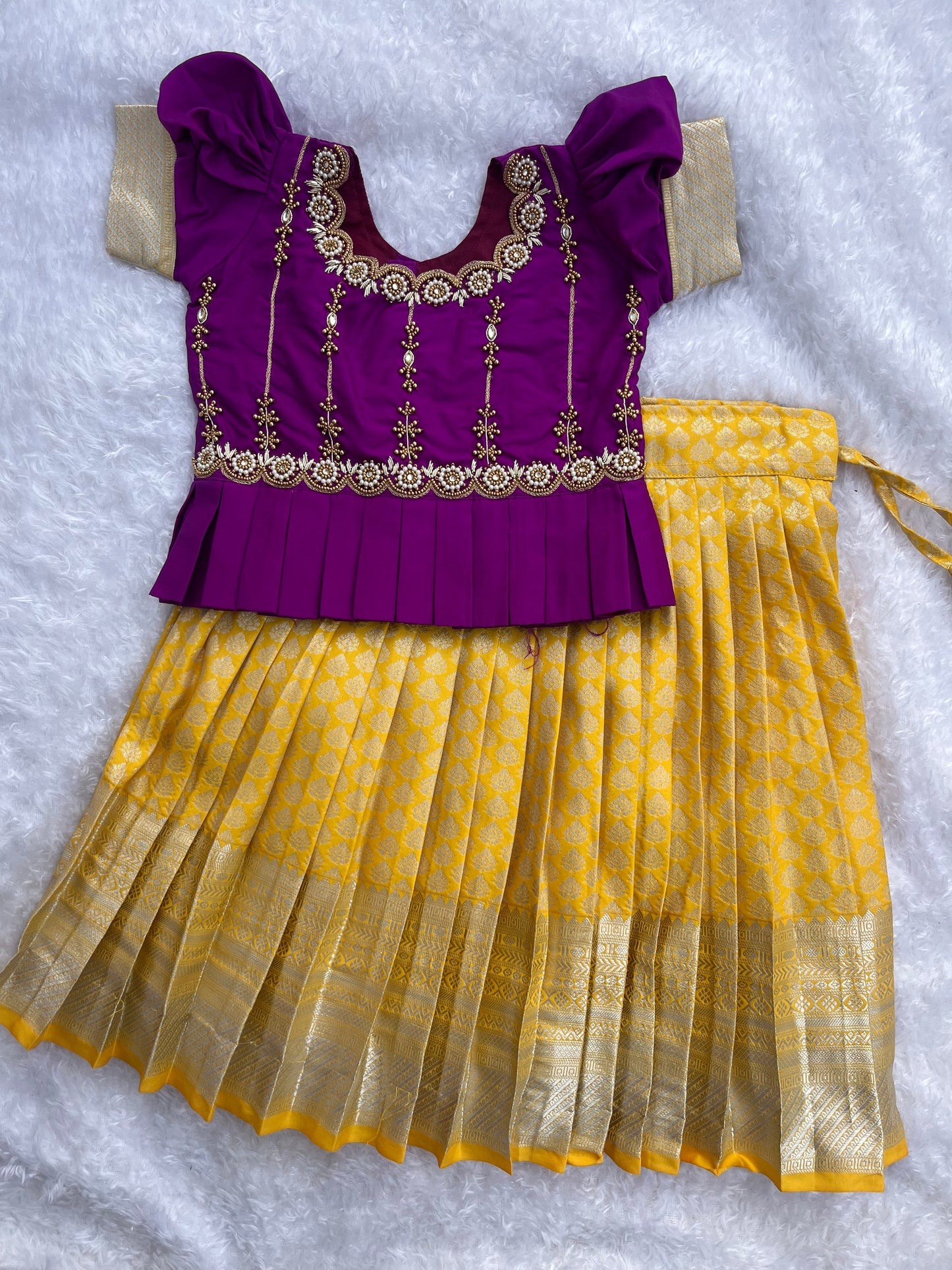 Grand Ensemble: Yellow Skirt, purple Top with Aari Work