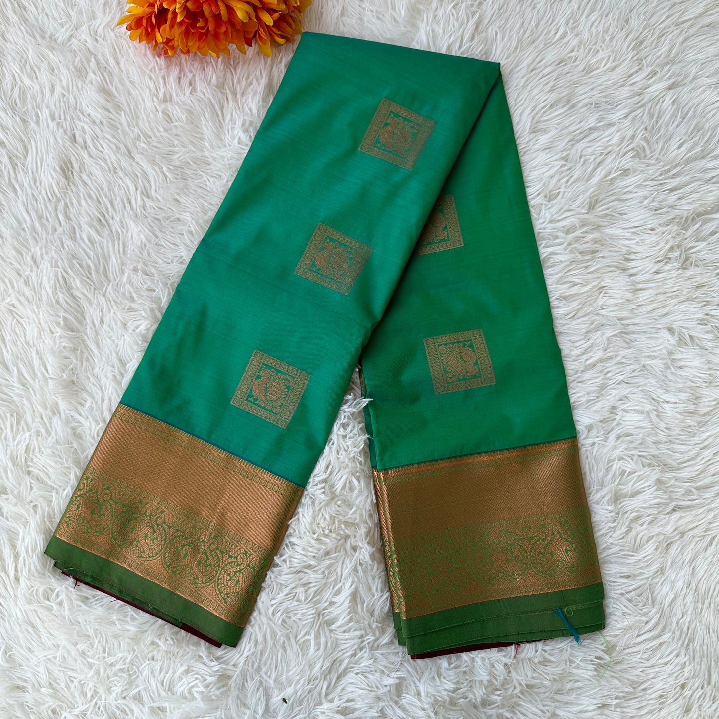 The Harmony Emerald Green Semi Silk Saree  With Meroon Border