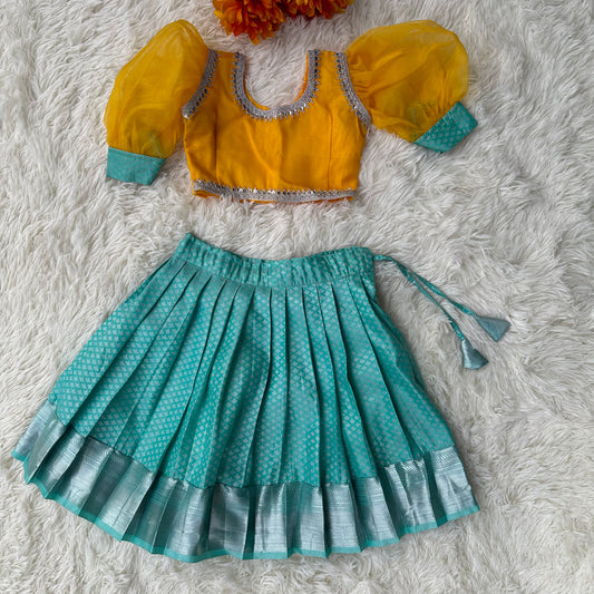 Sky Blue Skirt with Yellow Baloon Sleeve Top