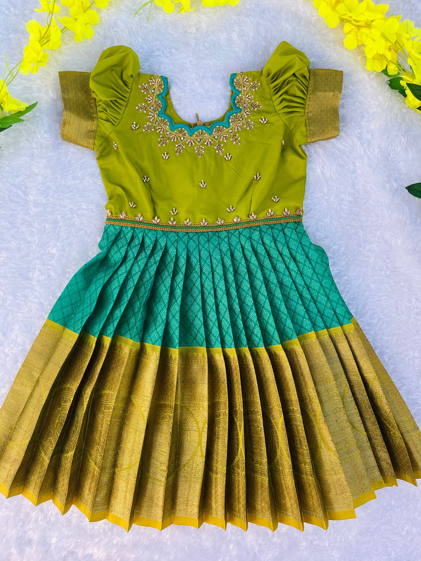 Royal Playtime: Elegant Turquoise Pleated Frock for Children