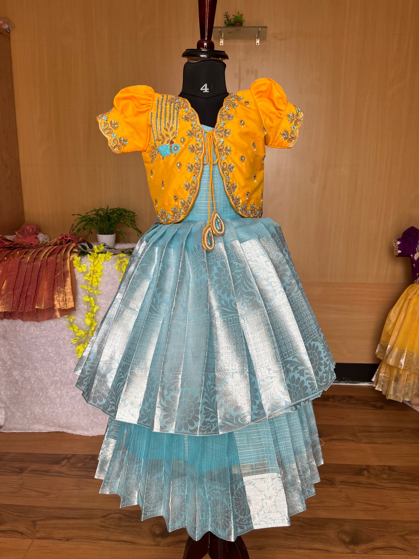 Vibrant Yellow Lehenga with Teal Blue Skirt : Premium