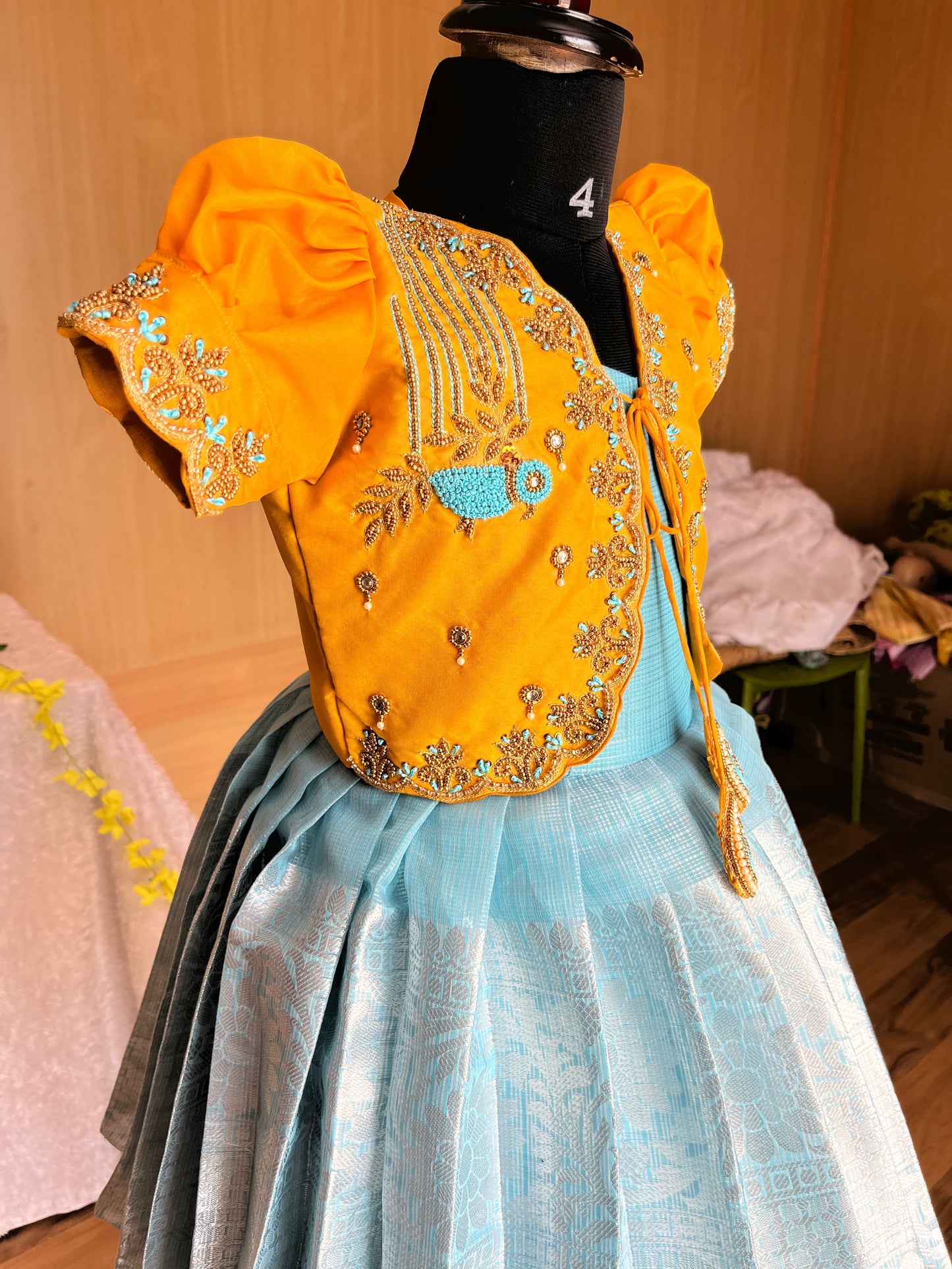 Vibrant Yellow Lehenga with Teal Blue Skirt : Premium