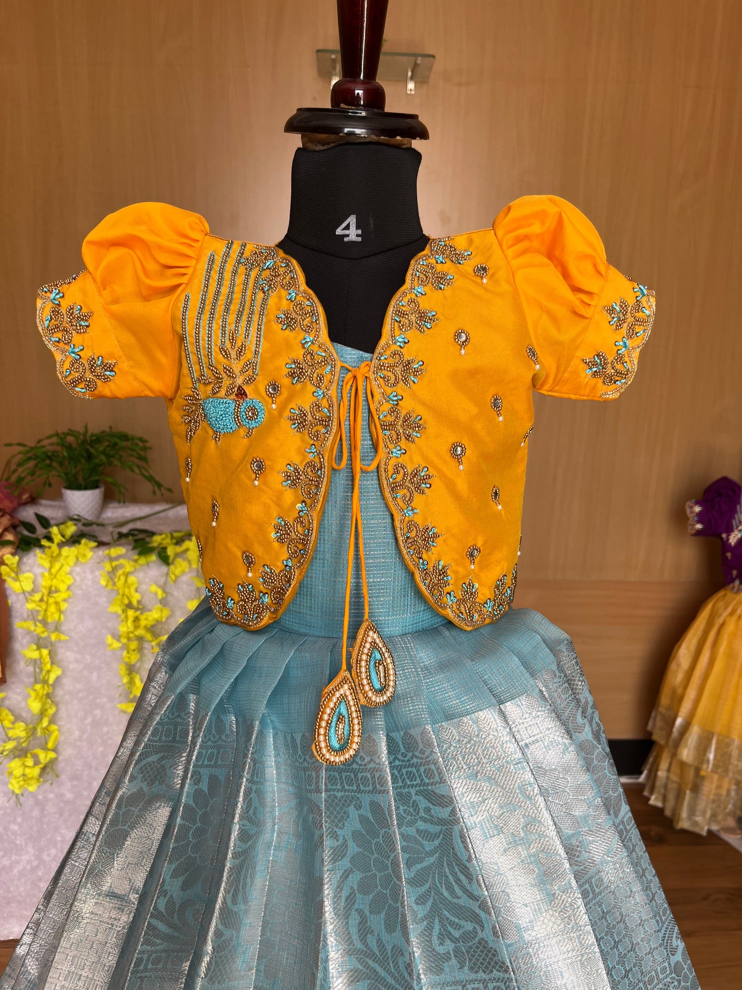 Vibrant Yellow Lehenga with Teal Blue Skirt : Premium
