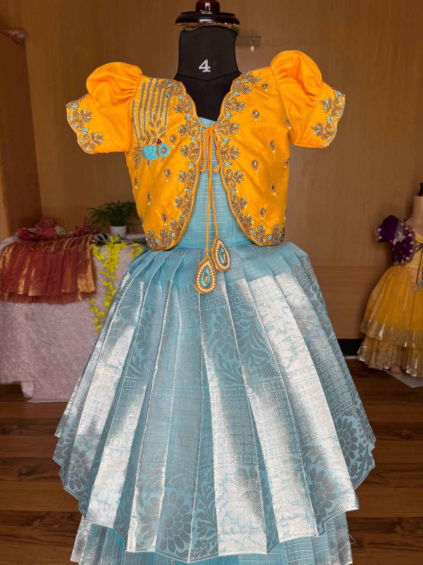 Vibrant Yellow Lehenga with Teal Blue Skirt : Premium