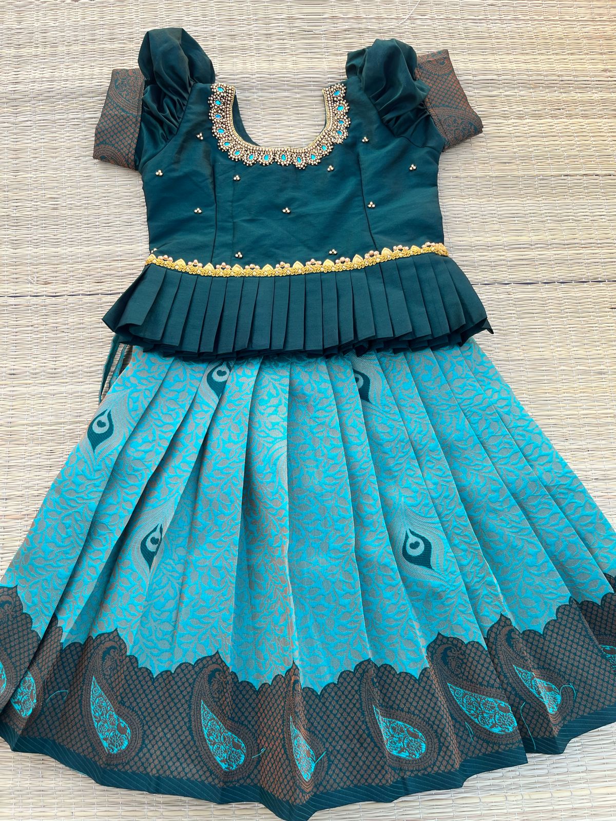Limited Edition -Teal Kubera Silk Skirt & Dark Green Cotton Silk Top
