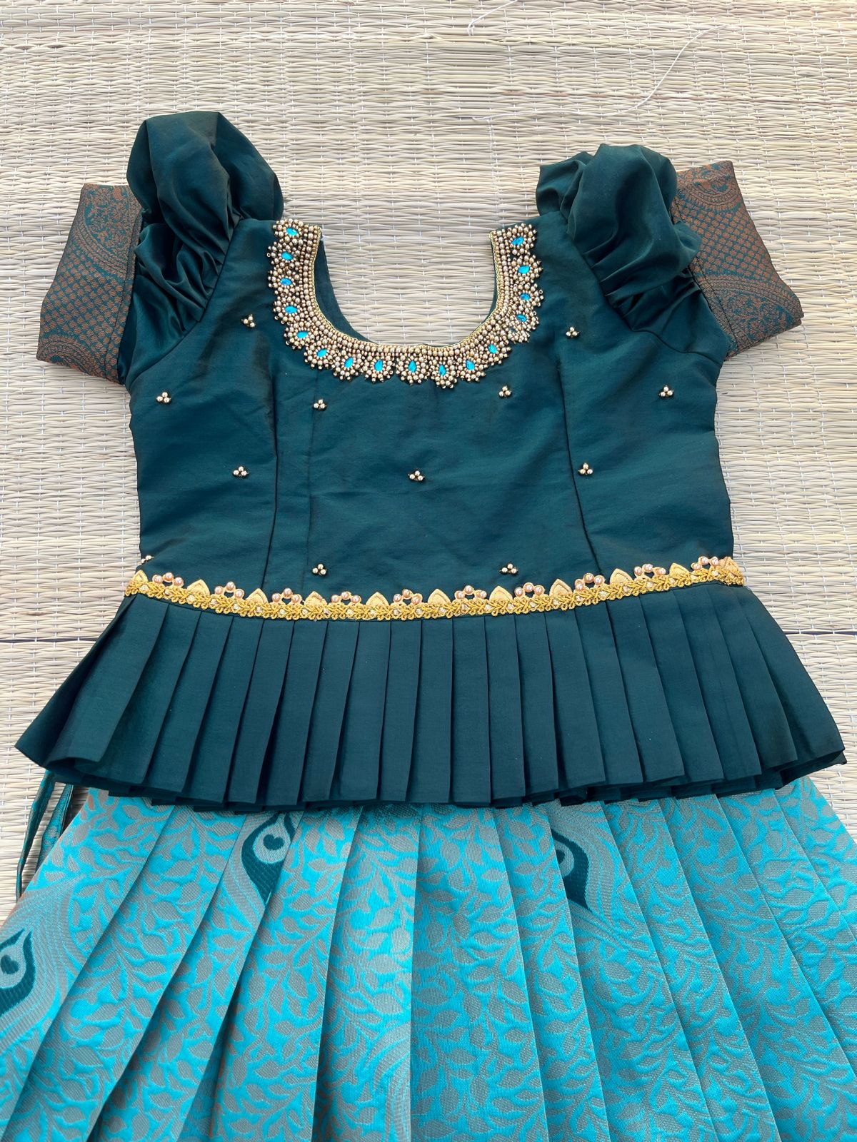 Limited Edition -Teal Kubera Silk Skirt & Dark Green Cotton Silk Top