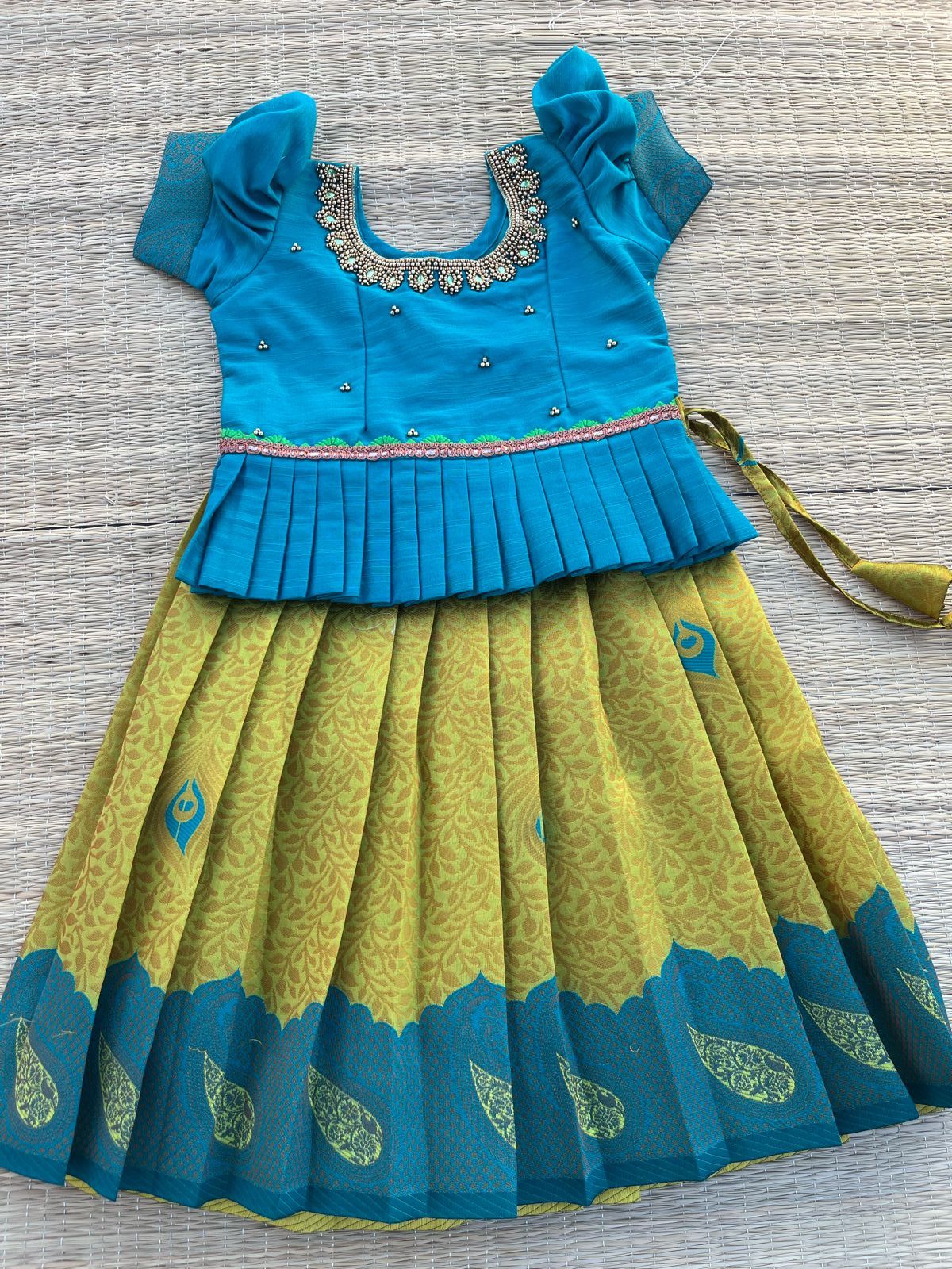 Limited Edition -Teal Kubera Silk Skirt & Dark Green Cotton Silk Top