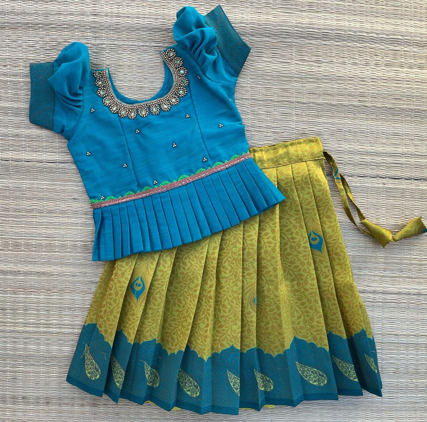 Limited Edition -Teal Kubera Silk Skirt & Dark Green Cotton Silk Top