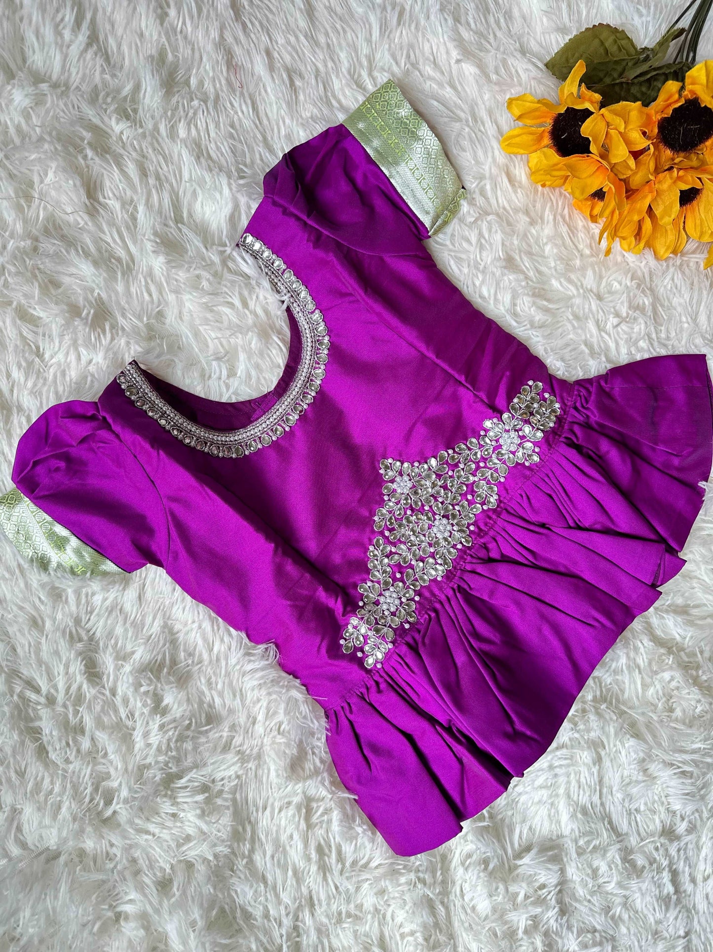 Chic Pista Green Skirt & Violet Peplum Top Set with Aari Worki