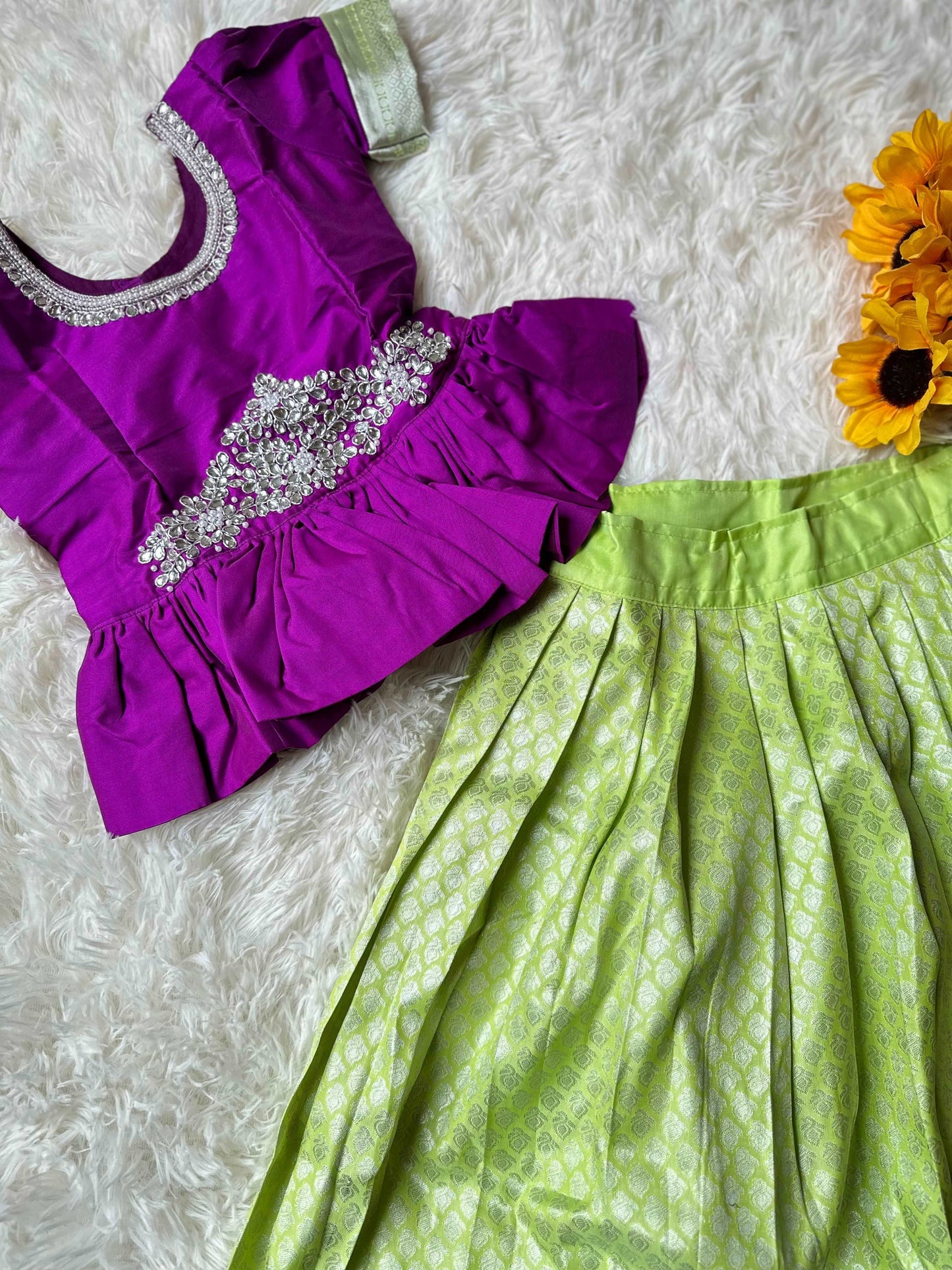 Chic Pista Green Skirt & Violet Peplum Top Set with Aari Worki