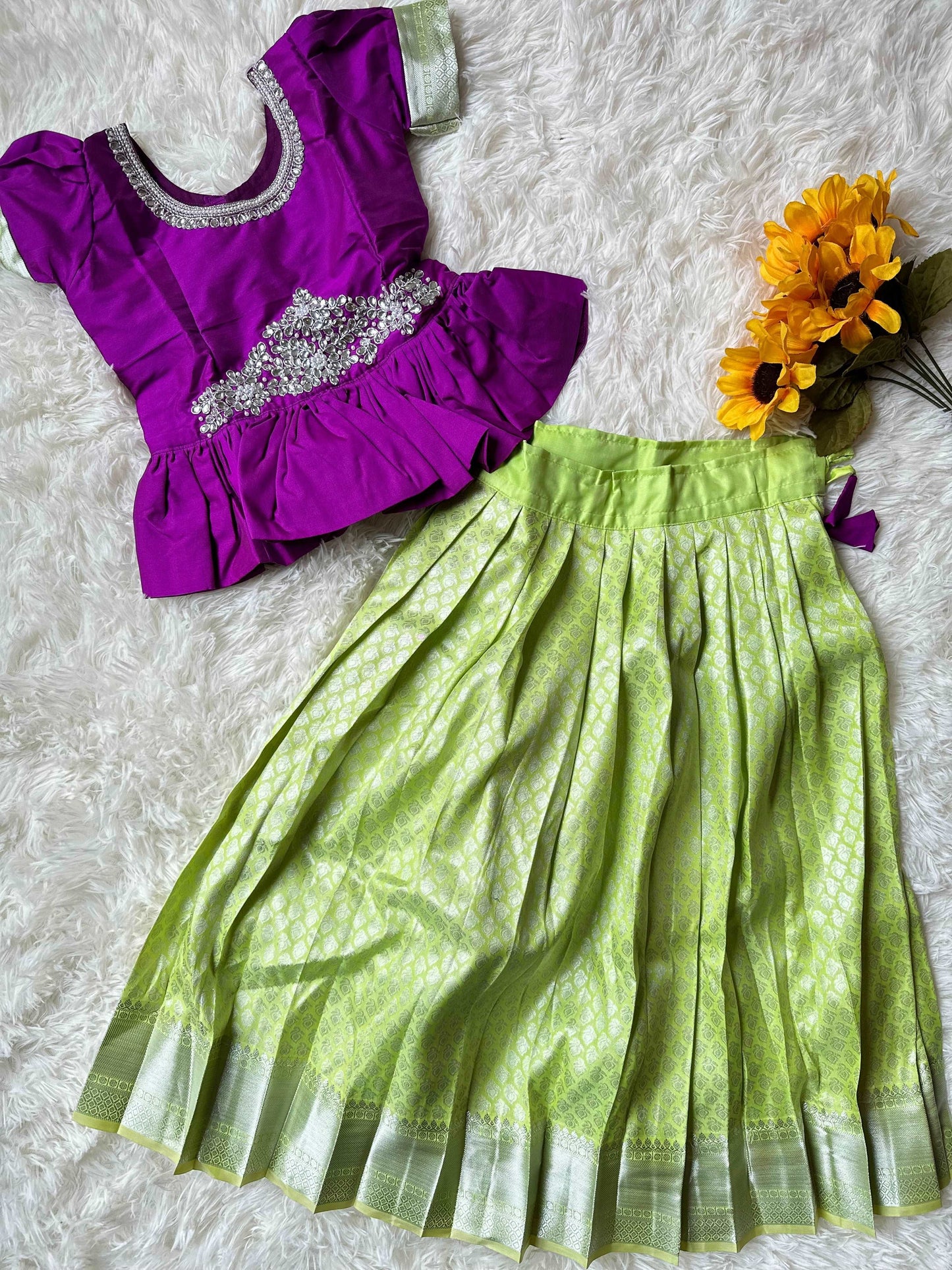 Chic Pista Green Skirt & Violet Peplum Top Set with Aari Worki