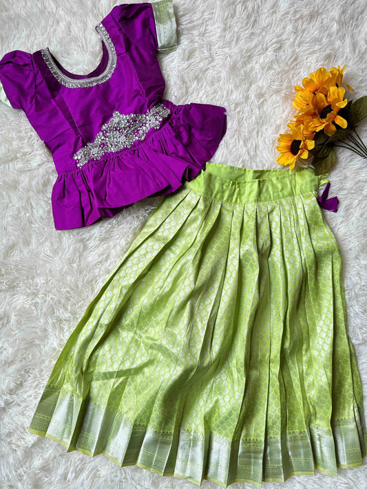 Chic Pista Green Skirt & Violet Peplum Top Set with Aari Worki