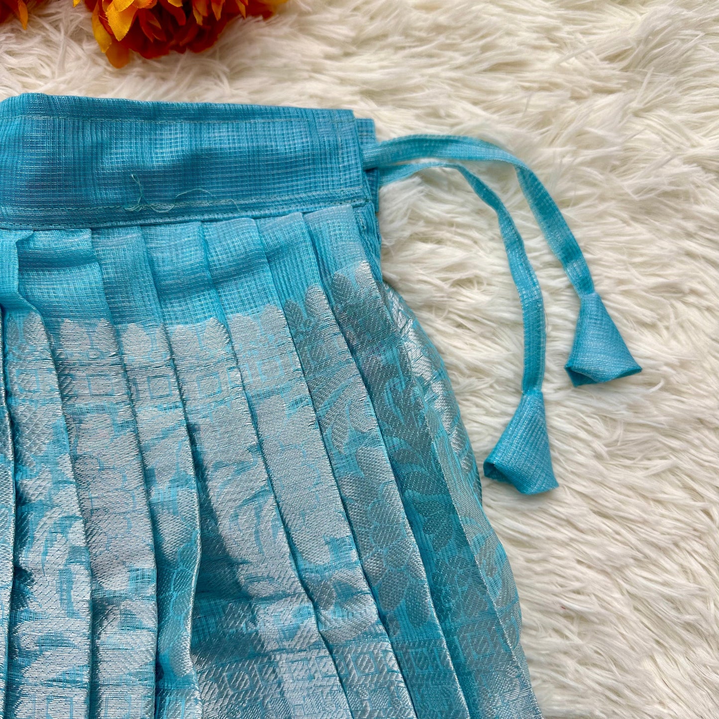 Sky Blue Glamour: Tissue Puff Sleeve Crop Top and Skirt Set