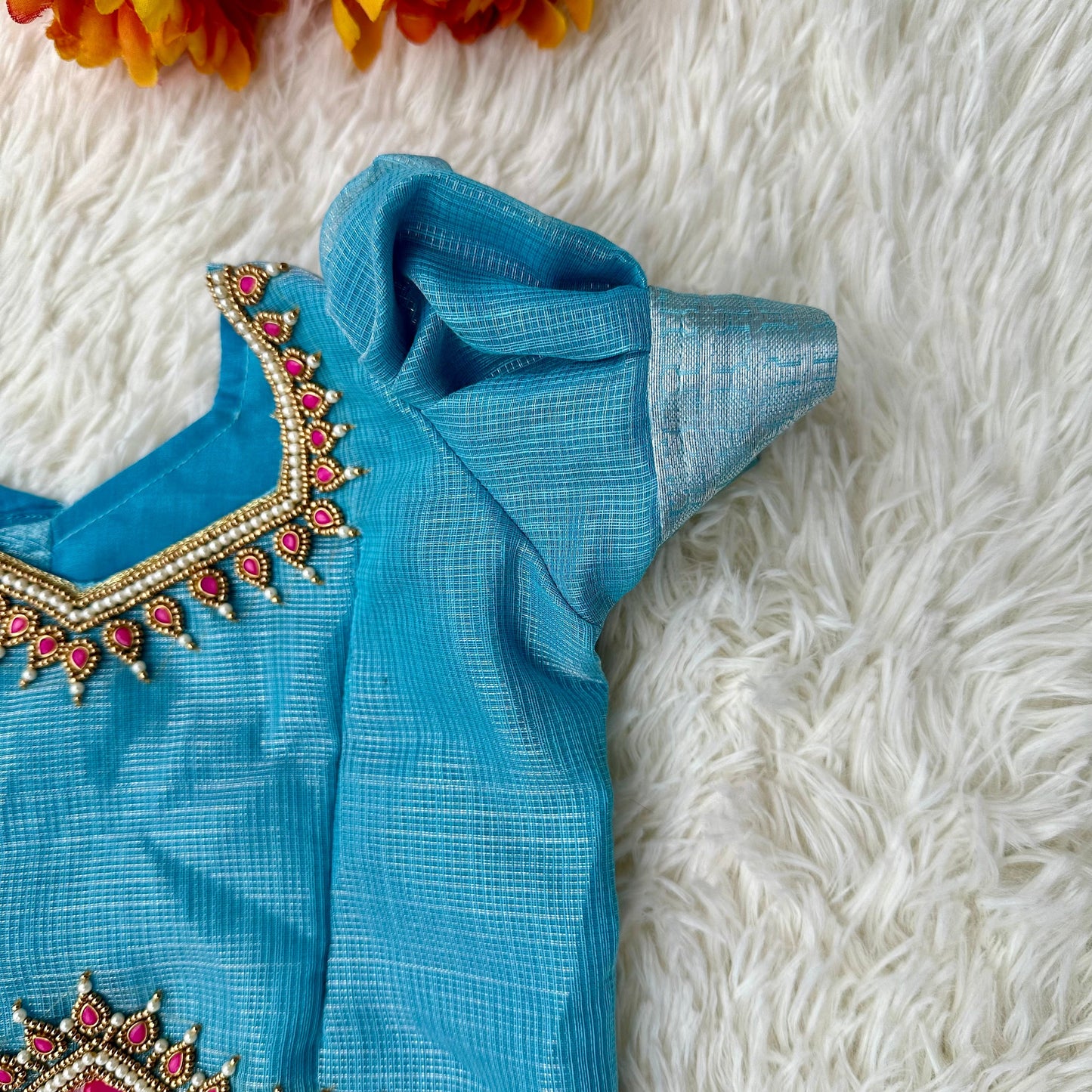 Sky Blue Glamour: Tissue Puff Sleeve Crop Top and Skirt Set