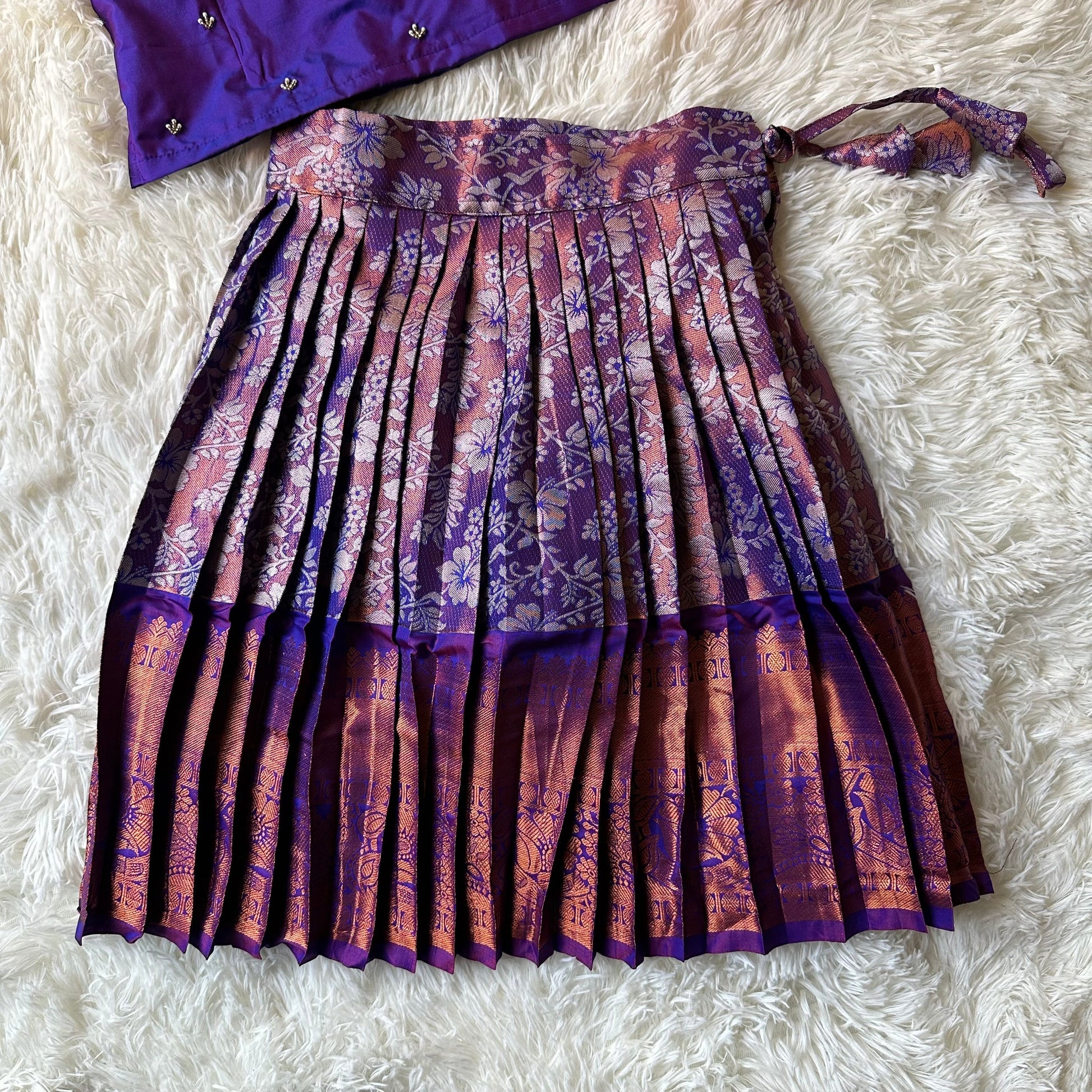 Dazzling Violet: Silver Zari Skirt and Aari Work Top in Luxurious Semi-Silk