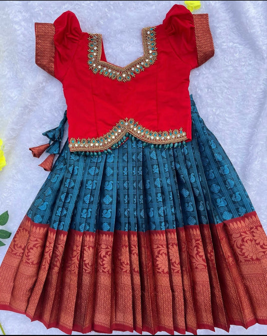 “Royal Harmony: Peacock Blue Skirt with Red Top”