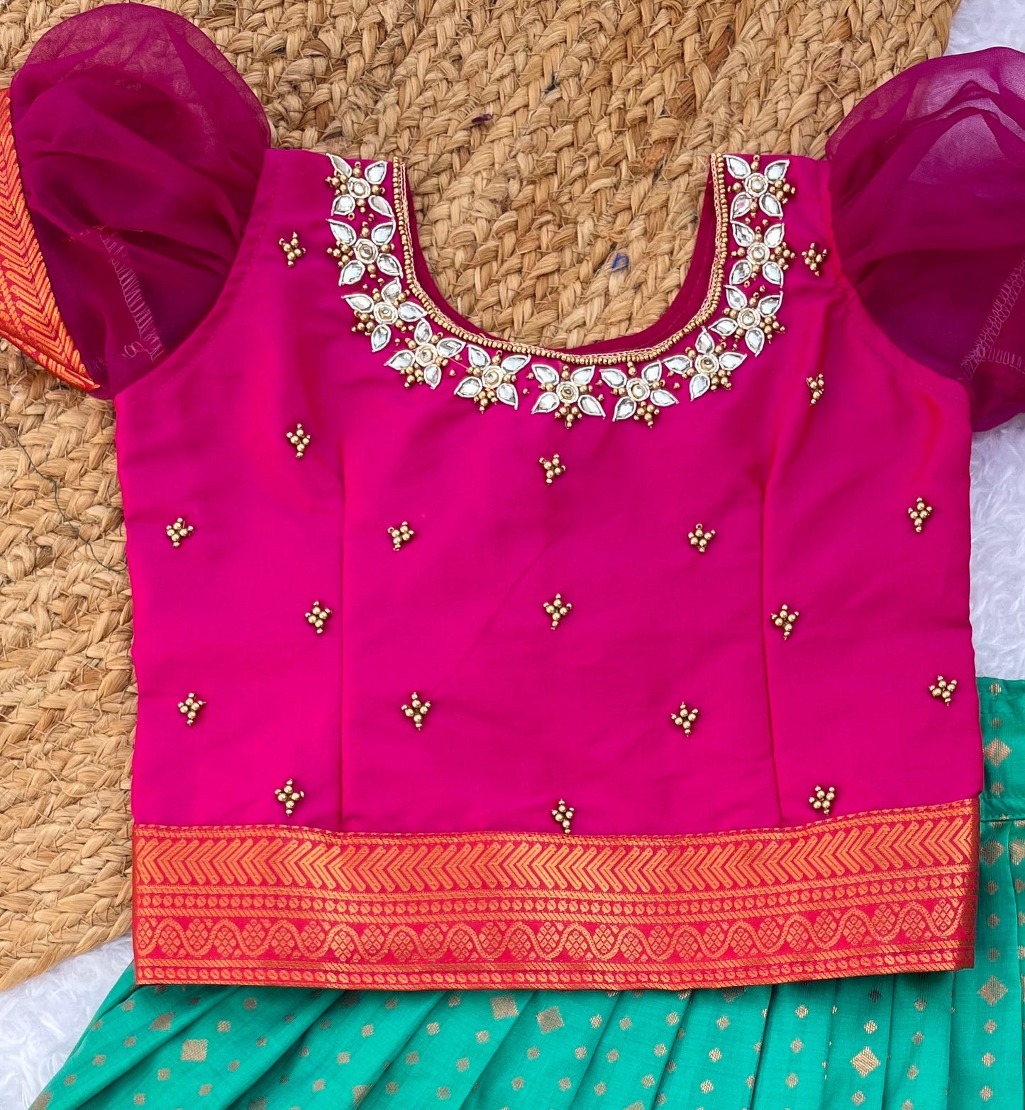 Lehenga Choli with Handmade Aari Work – Magenta and Teal Green