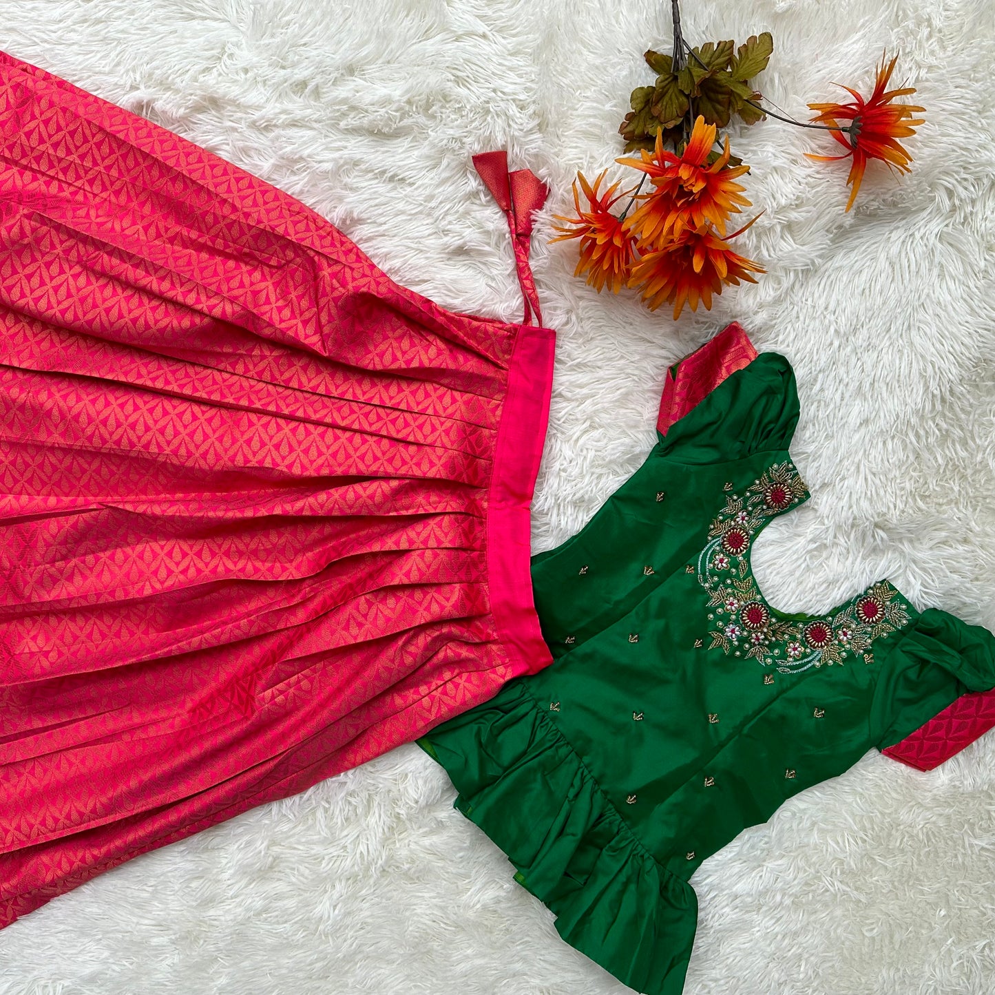Lush Harmony: Green Top with Pink Aari Work Skirt