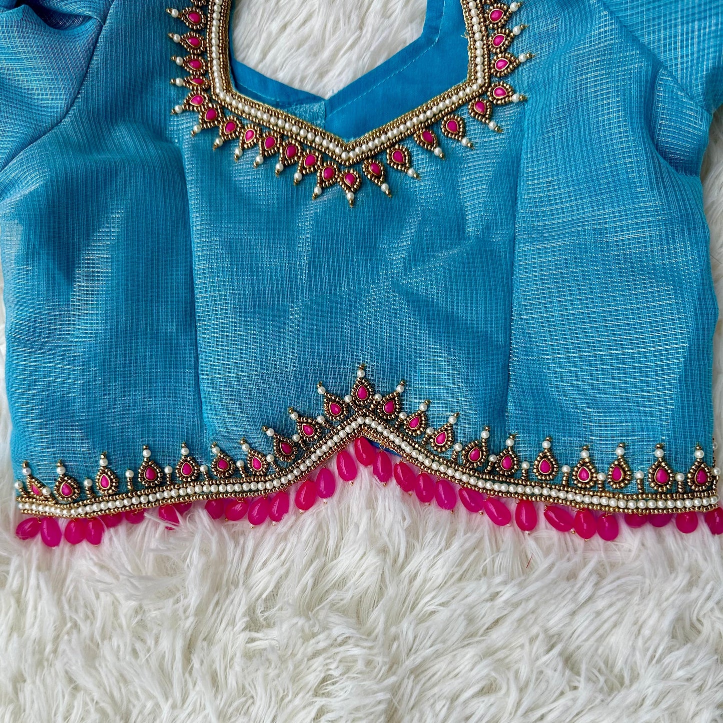 Sky Blue Glamour: Tissue Puff Sleeve Crop Top and Skirt Set