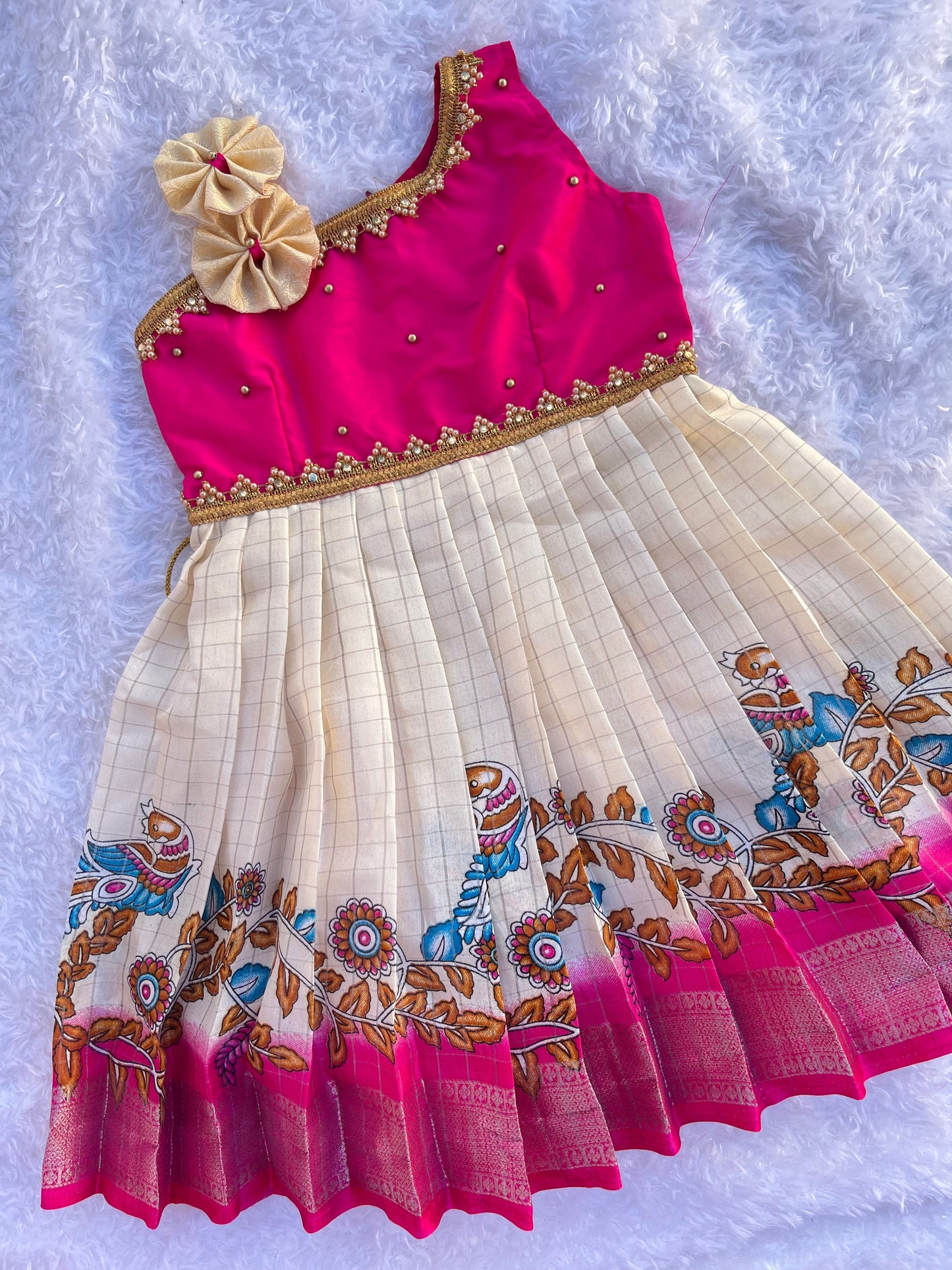 Cream & Pink Dola Silk Colorful Frock