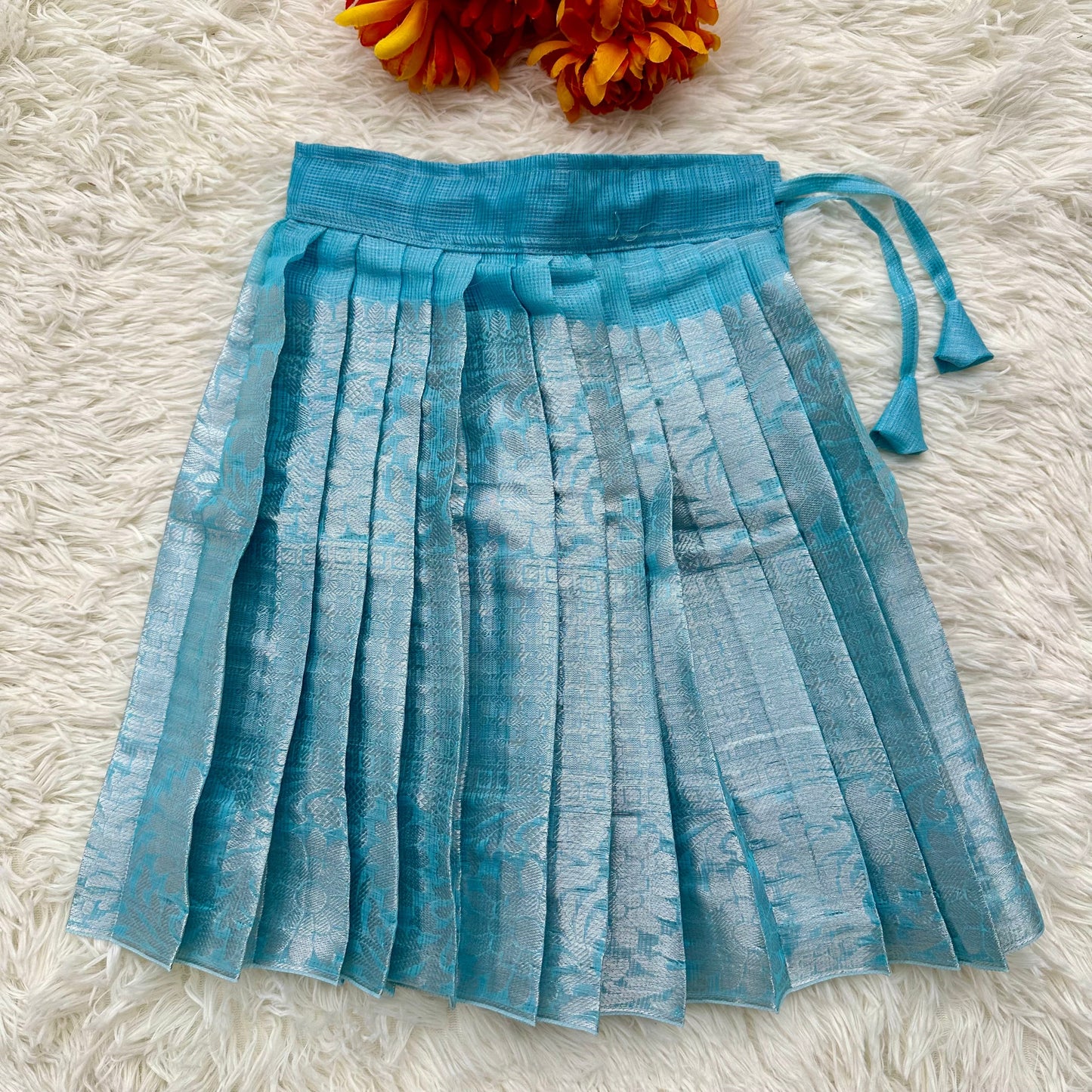 Sky Blue Glamour: Tissue Puff Sleeve Crop Top and Skirt Set